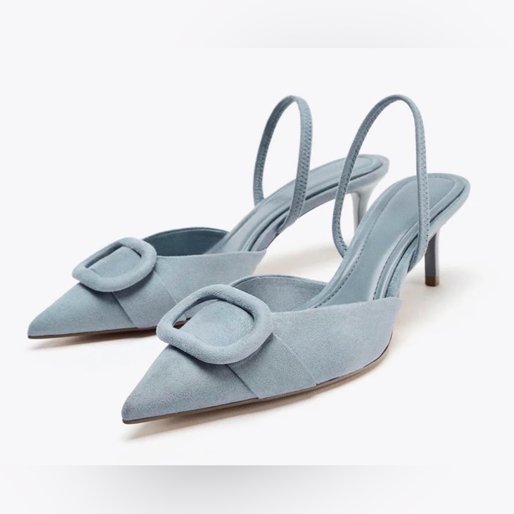 NWOT Zara Appliqué Heels Dusty Blue Suede 7 1/2 Women’s heels